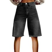 hoadeuw Denim Bermuda Shorts for Women Wide Leg High Waisted Summer Jean Shorts with Pockets Black
